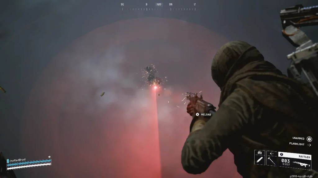 Arc Raiders in-game — red beam objective during combat